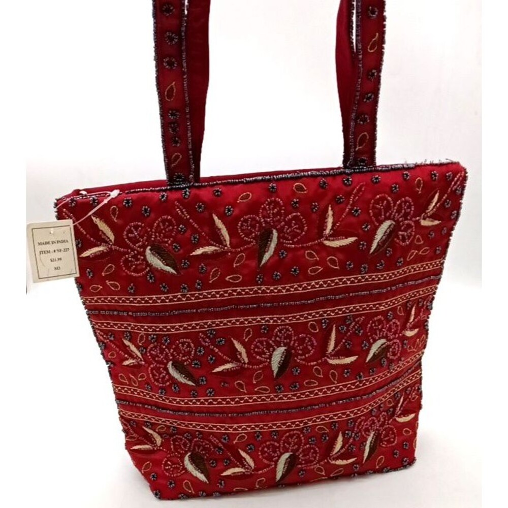 Handmade in India Red Satin Beaded Floral & Leaf Pattern Handbag NWT